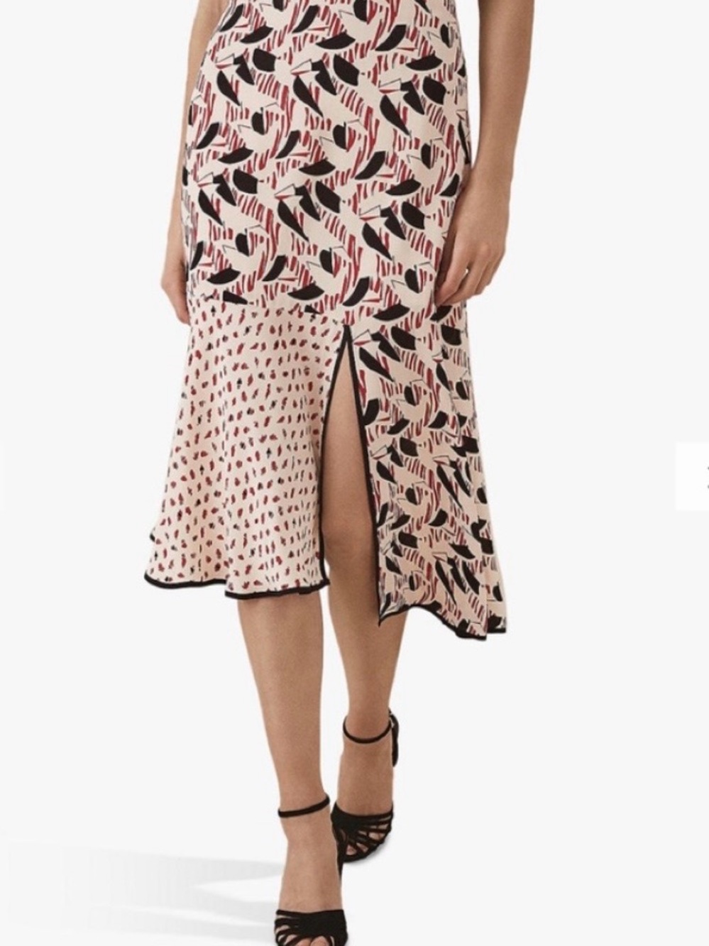 Reiss Printed Midi Skirt in Pink and Black with Side Slit